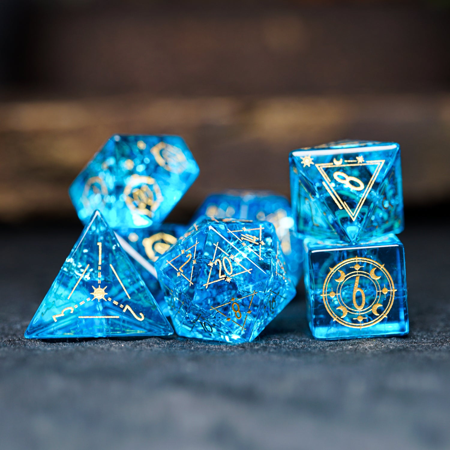 Lightning Blue Zircon  crystal polyhedral dice set for DND and Call of Cthulhu   7 pieces